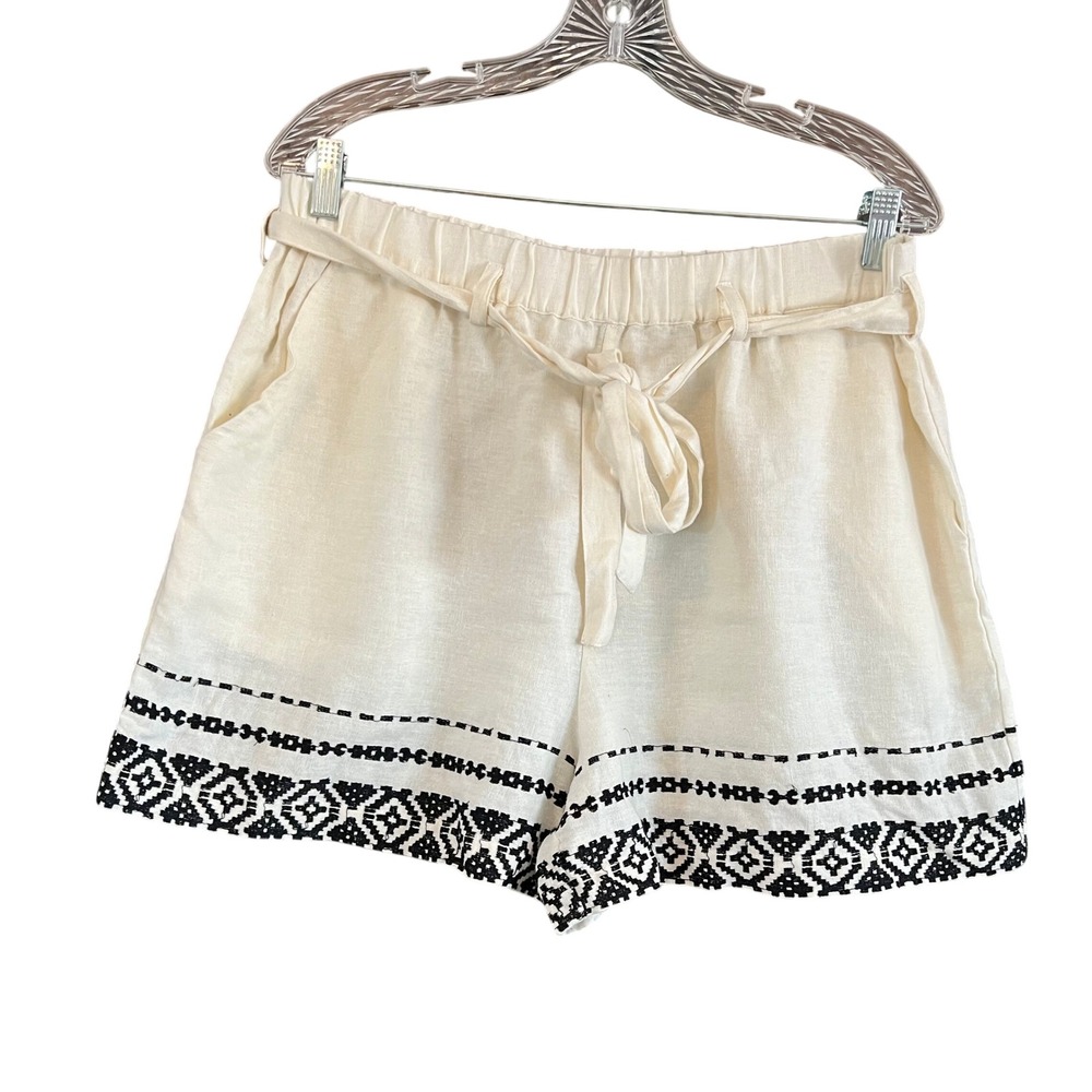 Lucky Brand Linen Blend Embroidered Tie Waist Shorts Cream Black Large Boho